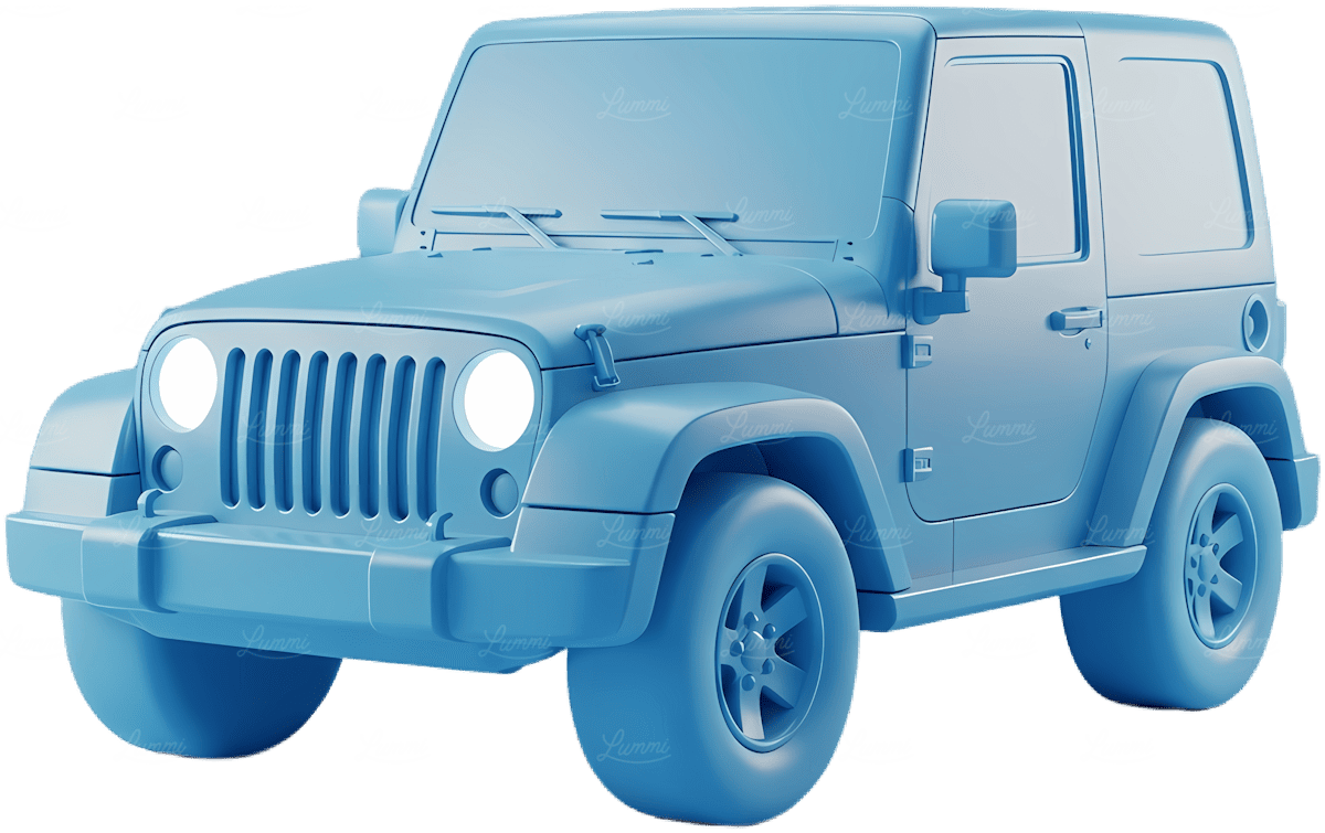 Illustration 3D d’un SUV bleu type Jeep Wrangler, vue de trois quarts avant, utilisée comme visuel décoratif automobile.