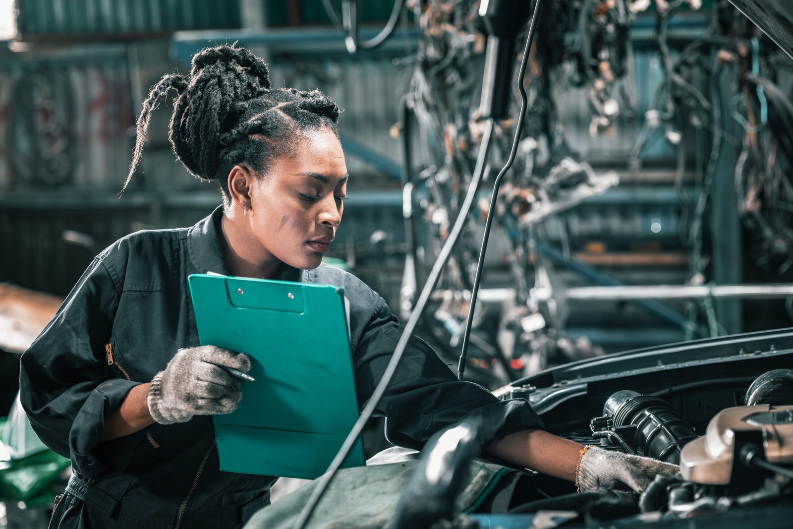Mécanicienne inspectant un moteur avec une planchette et des notes, représentant une expertise technique automobile.