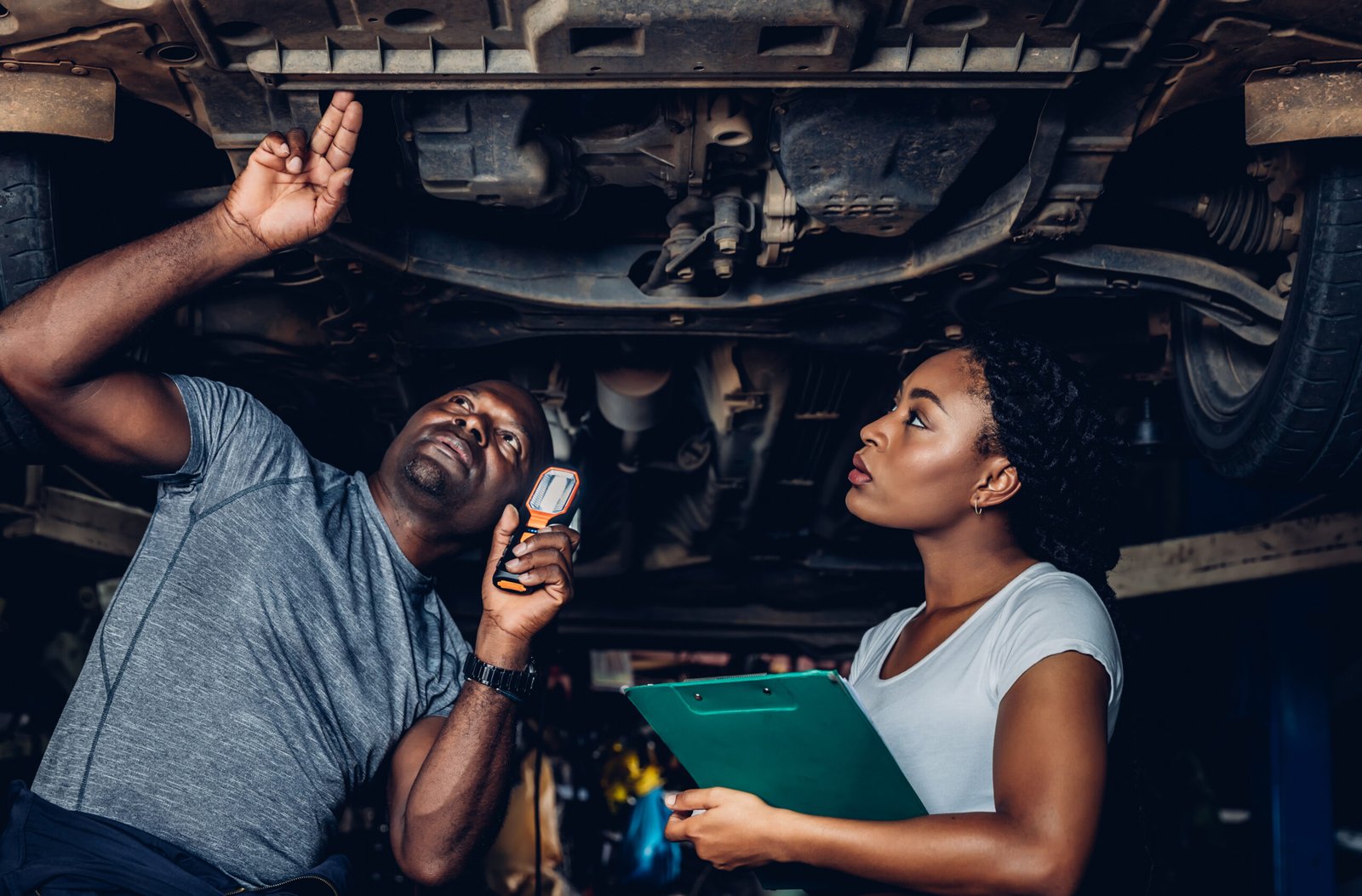Expert automobile inspectant le dessous d’un véhicule avec une lampe, accompagné d’une cliente prenant des notes.